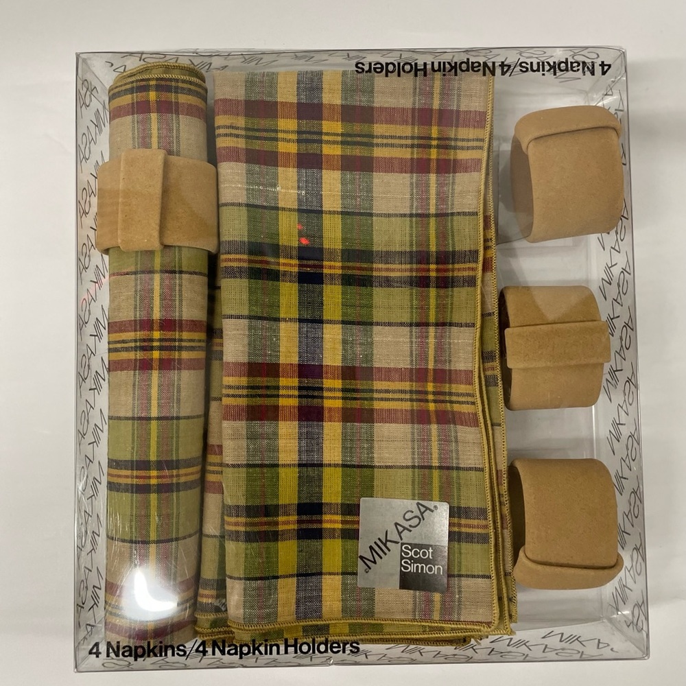 Vintage Mikasa Plaid Linen Napkin Set NIB